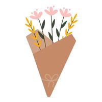 ilustração botânica plana desenhada à mão simples em cores da moda. elegante buquê de primavera. composição florística para o cartão, decoração de 8 de março, páscoa, presentes de casamento e convite. vetor