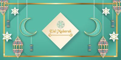 Modelo para Eid Mubarak com tom de cor verde e ouro. A ilustração do vetor 3D no papel cortou e craft para o cartão islâmico, convite, capa do livro, folheto, bandeira da Web, propaganda.