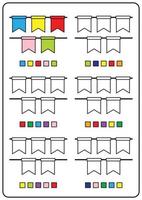 páginas para colorir instrutivas, jogos educativos para crianças, planilhas de atividades pré-escolares. ilustração vetorial simples dos desenhos animados de objetos coloridos para aprender as cores. colorir pequenas bandeiras decorativas. vetor
