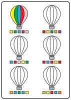 páginas para colorir, jogos educativos para crianças, atividades pré-escolares, planilhas para impressão. ilustração vetorial simples dos desenhos animados de objetos coloridos para aprender as cores. colorir balões de ar quente. vetor