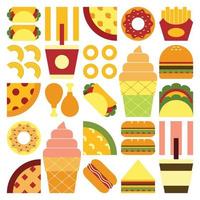 cartaz de arte de símbolo de fast food geométrico plano minimalista com formas simples coloridas. design de padrão de vetor abstrato de junk food e bebida. hambúrgueres, pizza, batata frita, refrigerante, café e sorvete.