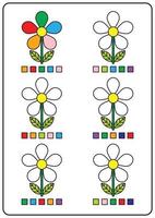 páginas para colorir, jogos educativos para crianças, atividades pré-escolares, planilhas para impressão. ilustração vetorial simples dos desenhos animados de objetos coloridos para aprender as cores. colorir flores desabrochando. vetor