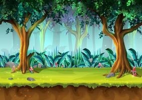 floresta tropical misteriosa estilo cartoon vetorial com árvores e cogumelos, ilustração para design de jogos, aplicativo, sites. vetor