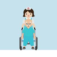 Enfermeira passeando com paciente mais velho em cadeira de rodas. vetor