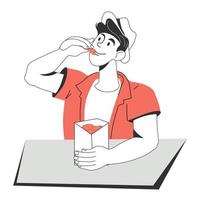 jovem senta-se em uma mesa e come lanches de uma caixa, ilustração vetorial dos desenhos animados, isolada no fundo branco. conceito de refeições de fast-food. vetor