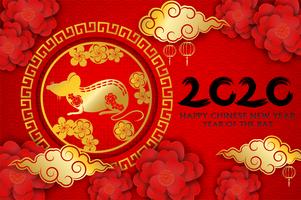 2020 feliz ano novo chinês. Projete com flores e rato no fundo vermelho. estilo de arte em papel. ano feliz rato. Vetor.