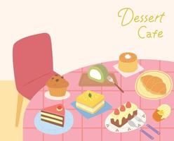 pratos de sobremesas doces em uma mesa-de-rosa. ilustração em vetor estilo design plano.