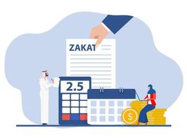 mão dá aviso pagar zaket financeiro, papelada, relatório de pesquisa financeira e cálculo de zakt do lucro no ilustrador de vetor plano ramadan kareem.