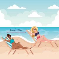 distanciamento social na praia, as mulheres mantêm distância na praia da cadeira, novo conceito normal de praia de verão após coronavírus ou covid 19 vetor