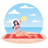 mulher com maiô sentado na toalha, na praia, temporada de férias vetor