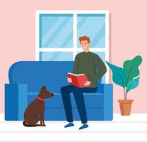 homem lendo livro em casa, sentado no sofá com mascote de cachorro