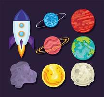 ícones com foguetes e planetas vetor