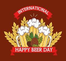 dia internacional da cerveja, agosto, canecas de cervejas e sementes de lúpulo vetor