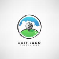 Modelo de logotipo de conceito de golfe com coroa de louros. Etiqueta para torneios de golfe, organização e clubes de campo. Ilustração vetorial vetor