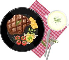 conjunto de comida de vista superior, bife e jogo americano em fundo branco vetor