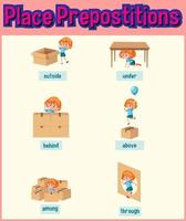 design de cartão de palavras de preposição com garota e caixas vetor