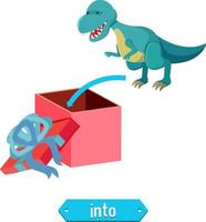 design de cartão de palavras de preposição com dinossauro e caixa vetor