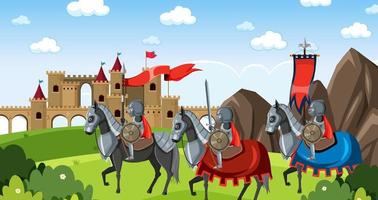 cena ao ar livre medieval com cavaleiros a cavalo vetor