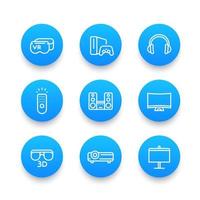 conjunto de ícones azuis lineares do sistema de entretenimento doméstico, óculos de realidade virtual, projetor multimídia, 3d, alto-falantes de áudio, console de jogos vetor