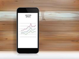 smartphone abstrato e gráfico de investimento na tela de exibição sobre textura de madeira. vetor. vetor
