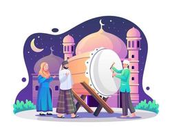 saudações de pessoas muçulmanas ramadan kareem e eid mubarak com uma pessoa batendo bedug ou tambor. chamando o tempo para suhoor ou iftar. ilustração vetorial de estilo simples vetor