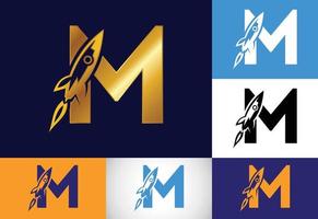 alfabeto de letra inicial do monograma m com um design de logotipo de foguete. ícone de foguete. emblema da fonte. logotipo de vetor moderno para identidade de negócios e empresa.