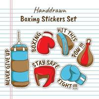 adesivos de equipamentos de boxe desenhados à mão com papel de caderno forrado como plano de fundo vetor