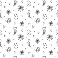 bonito padrão sem emenda de páscoa. ovos de páscoa festivos e flores da primavera. ilustração vetorial desenhada à mão em estilo doodle. perfeito para papel de embrulho, embalagens, estampas, decoração. vetor