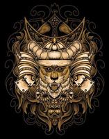 cabeça de samurai de tigre de ilustração com ornamento de gravura vetor