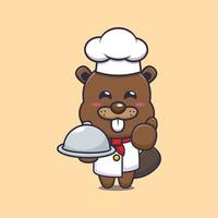 personagem de desenho animado de mascote de chef de castor bonito com prato vetor