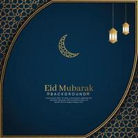 eid mubarak islâmico árabe fundo de luxo azul com moldura de borda de padrão dourado e lanterna vetor