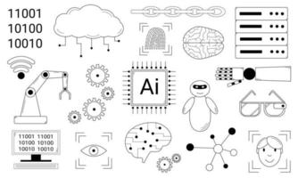conjunto desenhado à mão de ilustrações sobre inteligência artificial. tecnologias modernas introduzidas na vida humana.