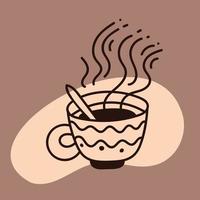 xícara quente de café ou chá estilo de linha doodle em fundo marrom, ícone para design de cafeteria. vetor
