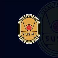 sushi e pauzinho logotipo ilustração vetorial modelo ícone design gráfico. sinal de rolo de comida japonesa ou símbolo para restaurante ou bar de negócios e café com crachá vetor