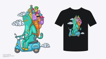 design de t-shirt de personagem doodle bonito colorido andando de moto vetor