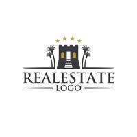 logotipo imobiliário com palmeira e estrelas vetor