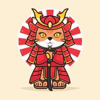 lindo gato samurai vestindo armadura vetor