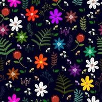 padrão floral e folhagem abstrato colorido sem costura em fundo azul escuro vetor