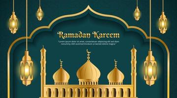 design de fundo ramadan kareem com mesquita de ouro e lanterna brilhante vetor