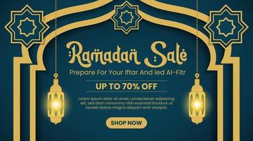design de banner de venda do ramadã com portão de mesquita e lanterna vetor