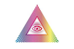 símbolo maçônico sagrado. olho que tudo vê, terceiro olho, olho psicodélico da providência, pirâmide triangular. nova ordem mundial. alquimia de ícones coloridos, religião, espiritualidade, ocultismo. vetor isolado em branco