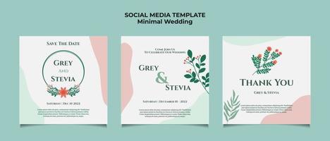 modelo de convite de casamento mínimo para postagem de mídia social com fundo abstrato simples e ornamento floral de vetor plano e cor pastel suave