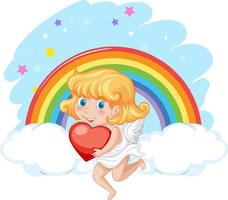 menina anjo segurando coração vermelho no fundo do arco-íris vetor