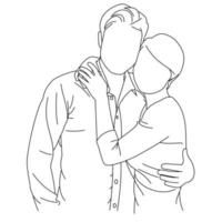 ilustração de desenho de linha de um jovem casal feliz e amoroso. um homem romântico e uma mulher abraçando ao ar livre. jovem casal amando durante uma escapadela romântica. de pé isolado no fundo branco vetor