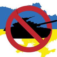 nenhuma guerra na ucrânia. parar a invasão. sinal de círculo riscado vermelho com ícone de tanque dentro contra o fundo da bandeira da ucrânia. parar a agressão. ilustração vetorial.