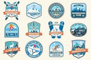 conjunto de expedição de montanha e patch de clube de snowboard. vetor. conceito para crachá, impressão, carimbo. design de tipografia vintage com alpinistas e silhueta de montanha. emblemas de aventura ao ar livre. vetor