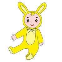 bebê fofo em traje de coelho segurando.ilustração de doodle em vetor