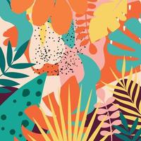 colorido tropical folhas e flores cartaz ilustração vetorial de fundo. plantas exóticas, galhos, flores e folhas impressão artística para produtos de beleza e naturais, spa e bem-estar, tecidos e moda vetor