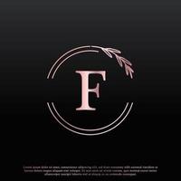 elegante logotipo floral do círculo da letra f com linha de ramificação criativa do monograma da folha elegante e cor preta rosa. utilizável para logotipos de negócios, moda, cosméticos, spa, ciência, medicina e natureza. vetor