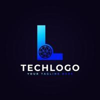 logotipo da letra l da tecnologia. forma geométrica azul com círculo de pontos conectado como vetor de logotipo de rede. utilizável para logotipos de negócios e tecnologia.